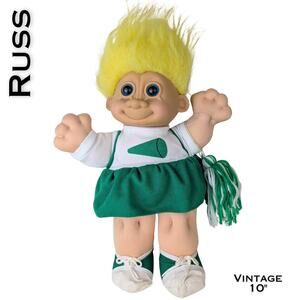VTG Russ Troll Kidz Cheerleader w/ Tags Soft Body Yellow Hair Green White 12"